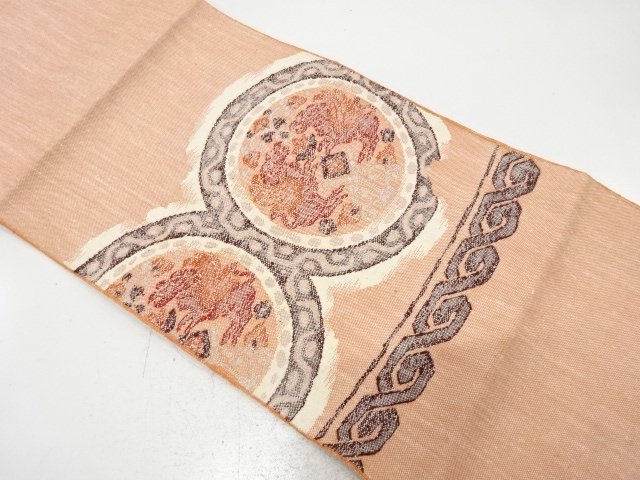 JAPANESE KIMONO / ANTIQUE NAGOYA OBI / SILK / MAWATA TSUMUGI / WOVEN ANIMALS & FLORAL CREST